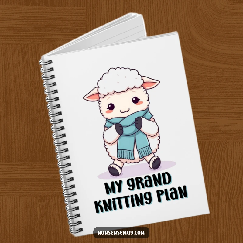 Funny notebook with a sheep humorously knitting a wool scarf around its own feet, for jotting down notes.