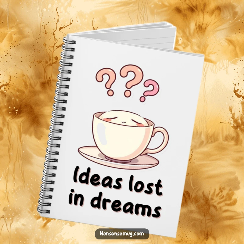 Funny notebook with a cover featuring a sleeping teacup and question mark steam, perfect for journaling and note-taking.