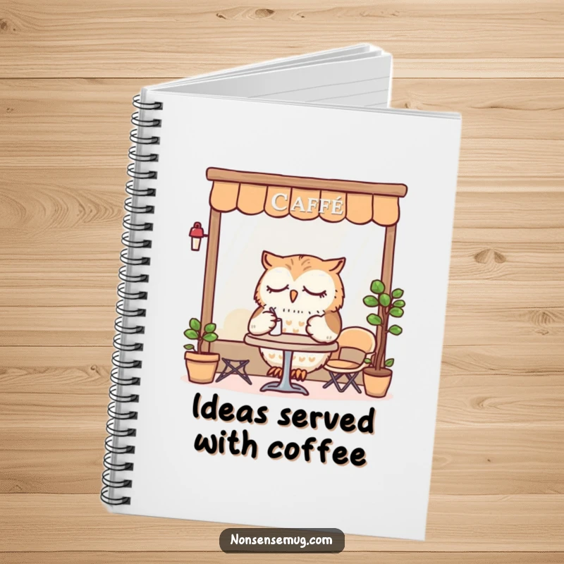 Funny Notebook with a sleepy owl dining at a tiny cafe, perfect for journaling and note-taking.