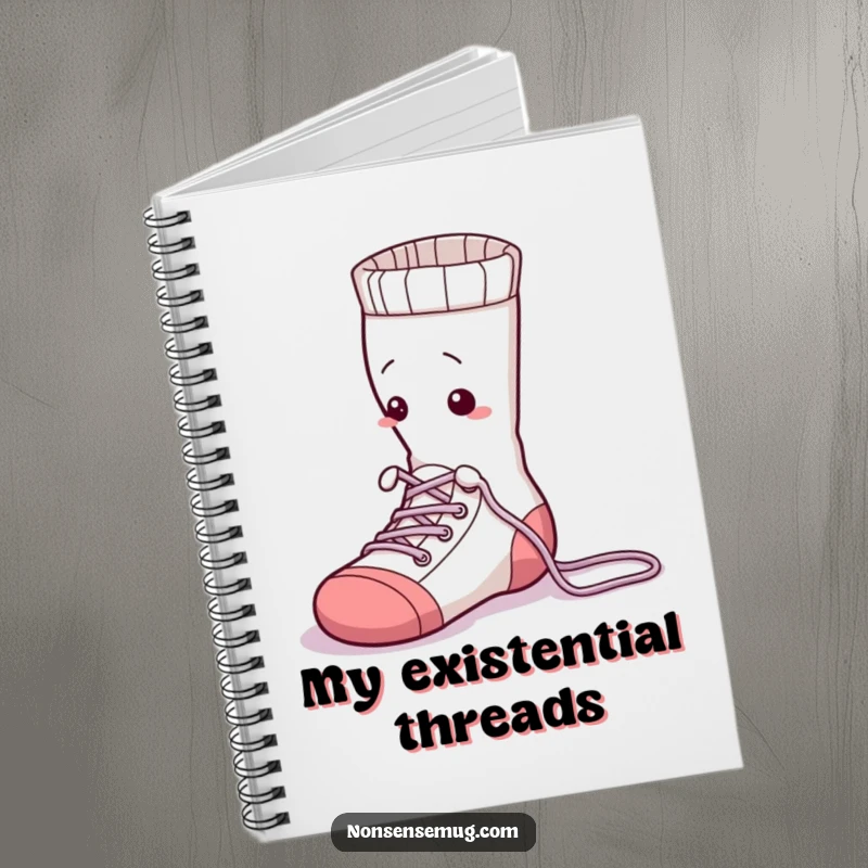 Funny sock character, attempting to tie its laces, on the cover of a notebook, inspiring humorous journaling and note-taking.
