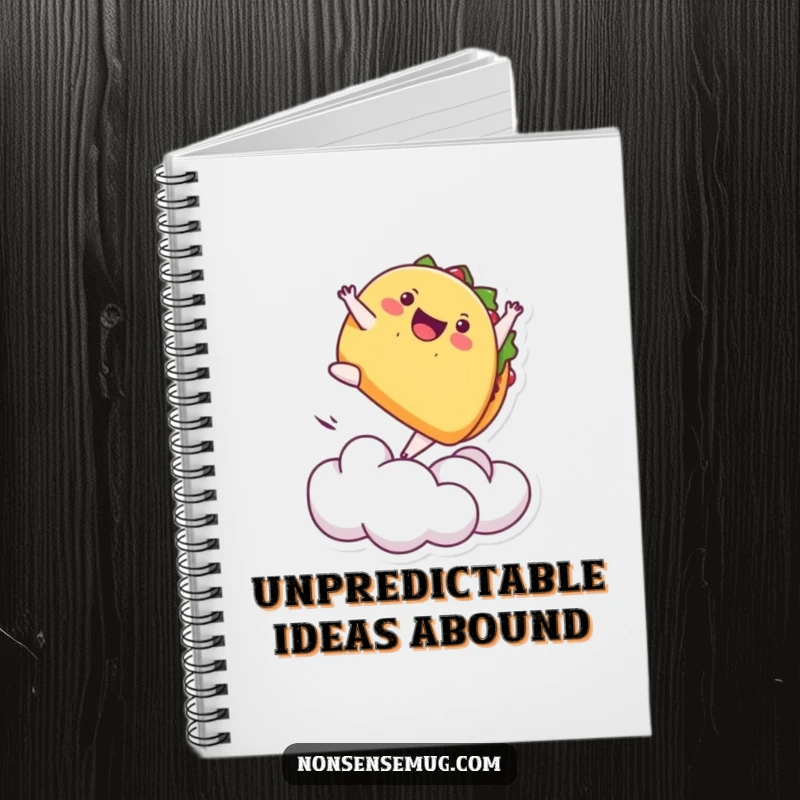 Funny notebook featuring a playful taco doing a backflip off a cloud, great for notes and imaginative ideas.