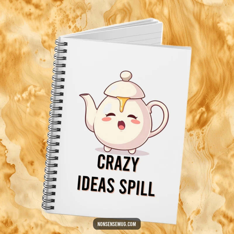 Funny notebook: A teapot aggressively pours tea onto its own lid, ready to jot down quirky ideas.