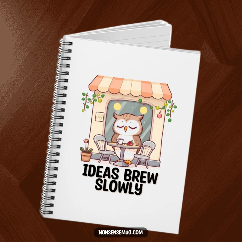 Funny notebook with lined pages, featuring a sleepy owl character dining in a miniature cafe, perfect for journaling or note-taking.