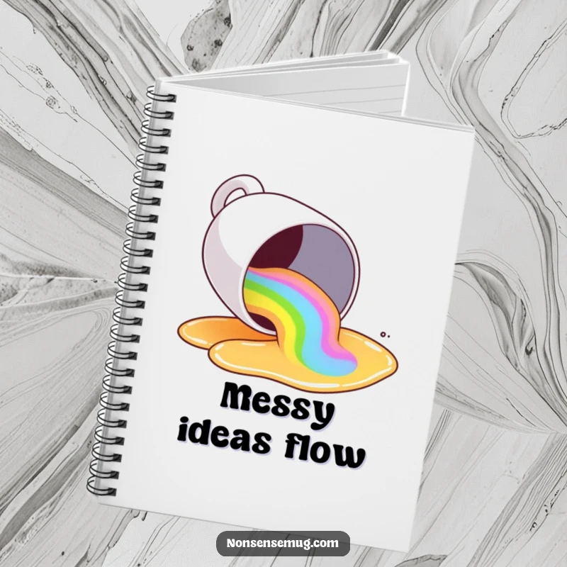 Funny coffee mug spilling a rainbow of liquid, on a notebook cover, for journaling, humorously colorful.