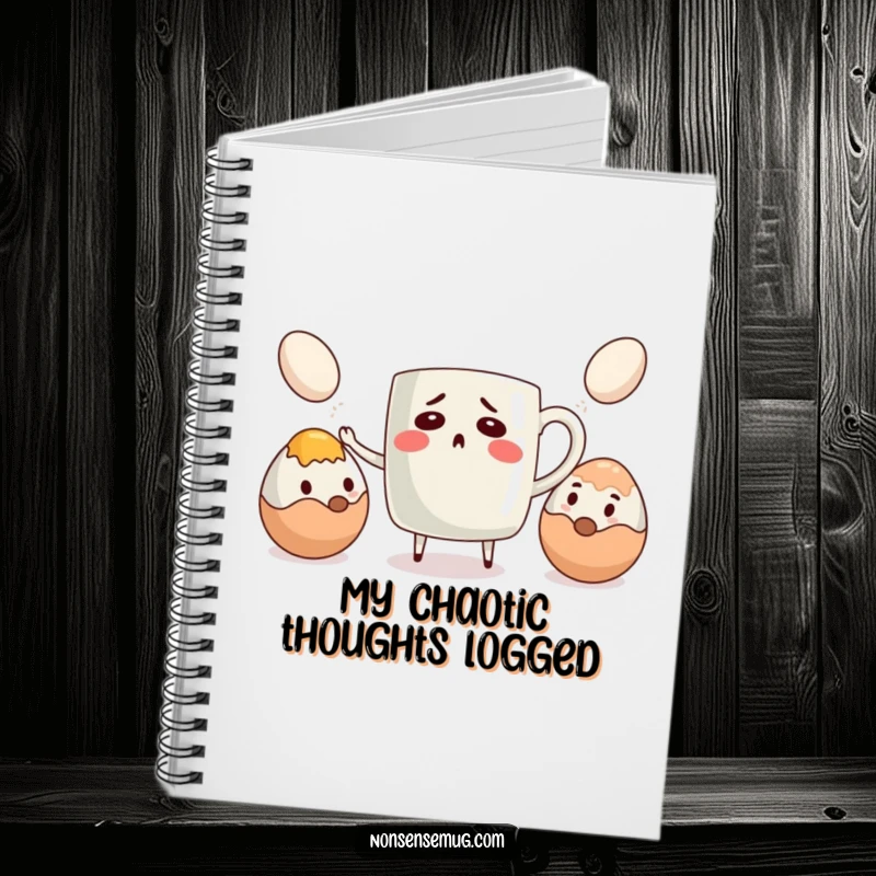 Funny notebook featuring a bewildered coffee mug trying to juggle eggs, great for notes and managing daily tasks.