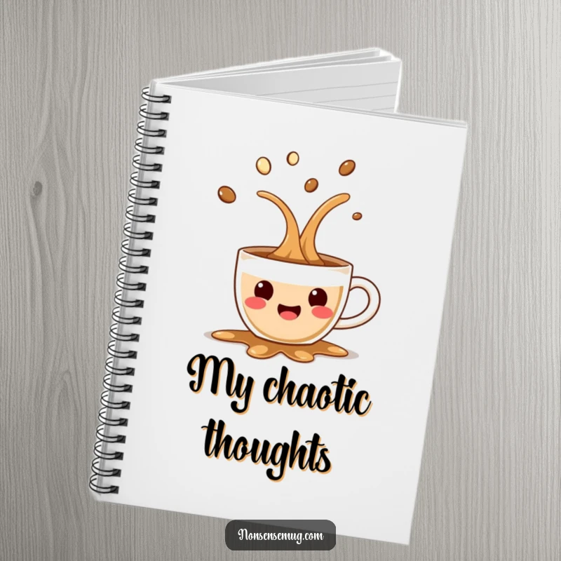 Funny notebook cover with a surprised coffee cup spilling happily, perfect for capturing notes and ideas with a playful coffee theme.