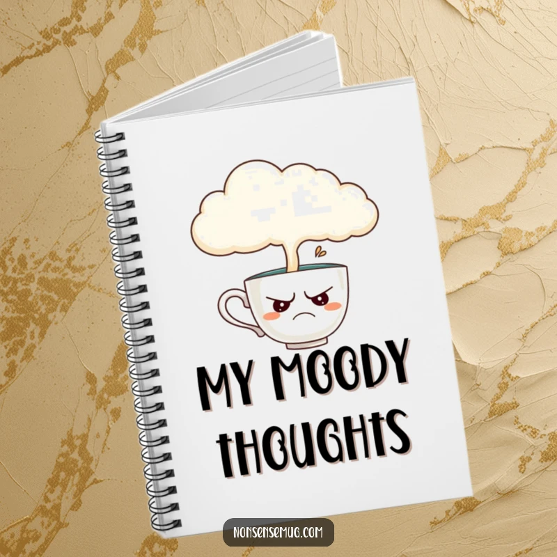 Funny notebook with a disgruntled teacup being poured on by a cloud, perfect for noting down feelings with a touch of humor.