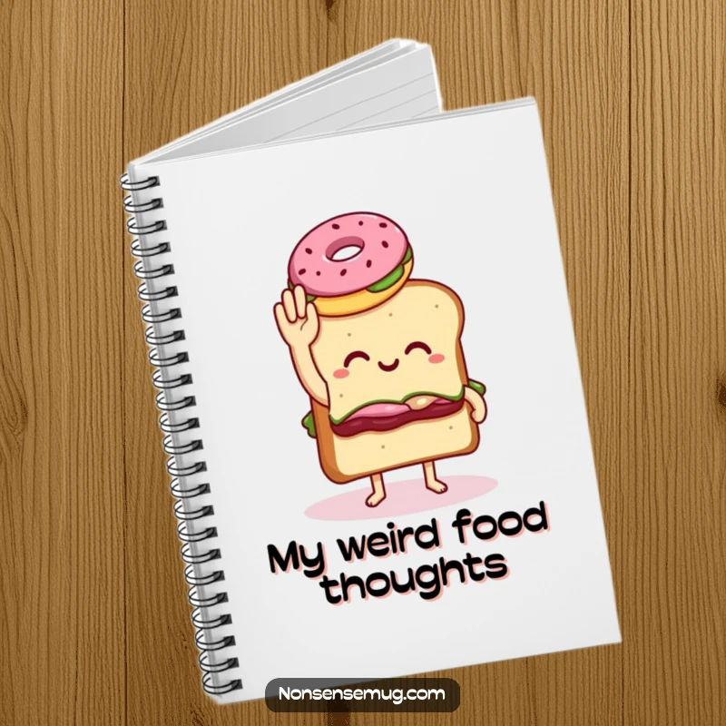 Funny notebook cover featuring a sandwich with legs awkwardly high-fiving a donut, perfect for humorous note-taking and journaling.