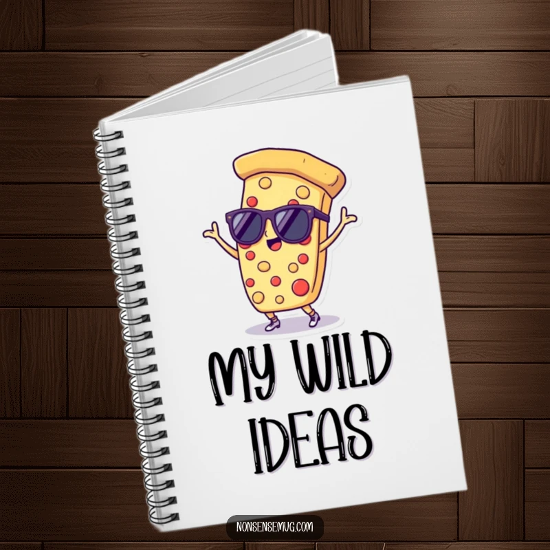 Funny notebook with a pizza slice wearing sunglasses and dancing, perfect for jotting down notes with a dose of fun.