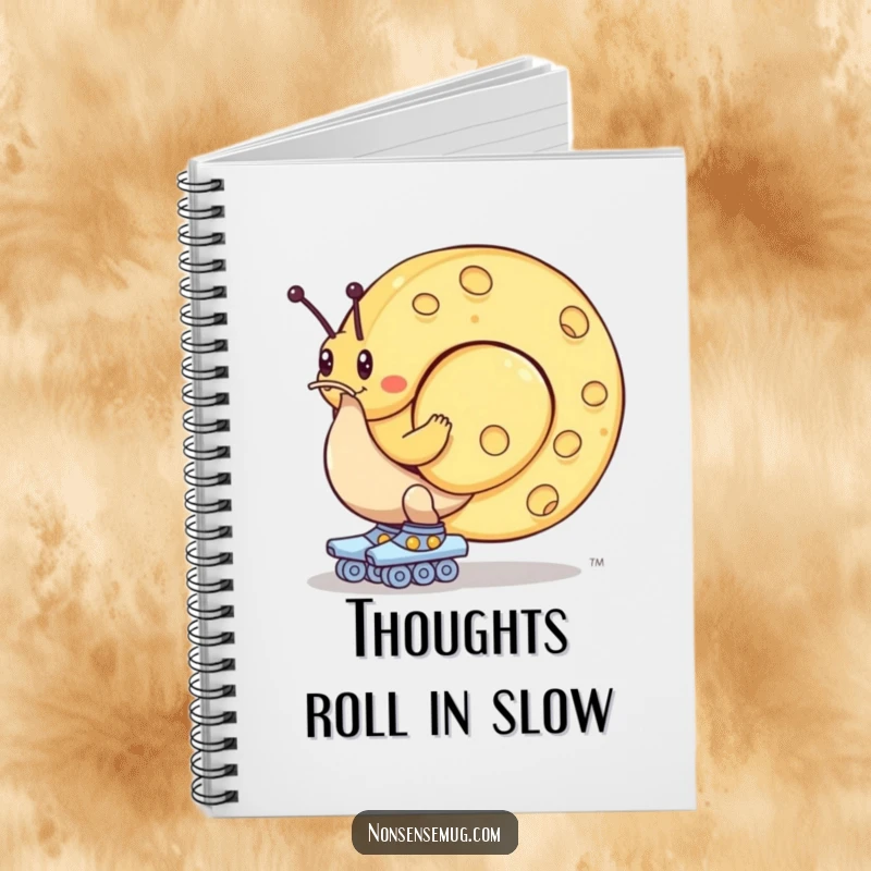 Funny notebook: A snail on roller skates struggles to move a giant wheel of cheese, ready to write down plans.