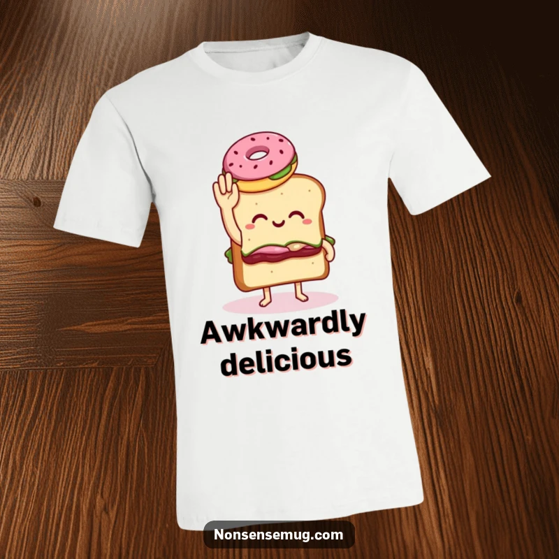 Funny t-shirt featuring a sandwich with legs awkwardly trying to high five a donut, a humorous take on unlikely friendships.