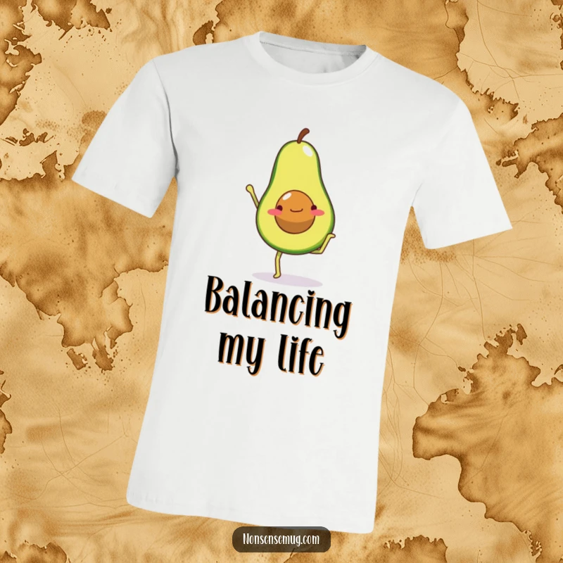 Funny t-shirt graphic of an avocado with legs bravely attempting a handstand, showing dedication to fitness with a playful spirit.
