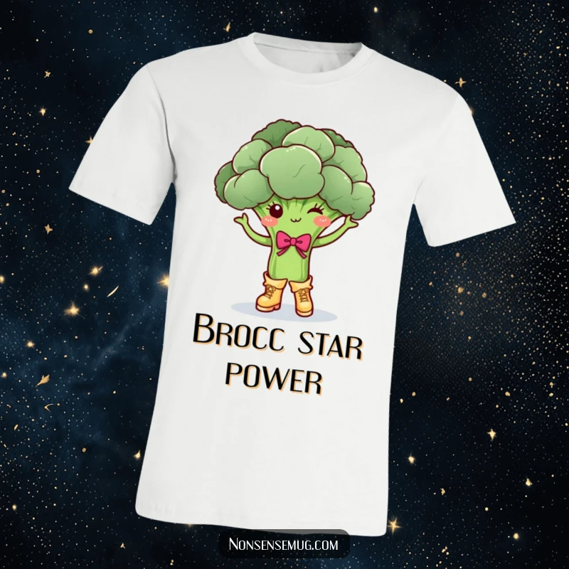 Funny broccoli character, dancing energetically in tiny boots and a bow, on a cool t-shirt, ideal funny gift.
