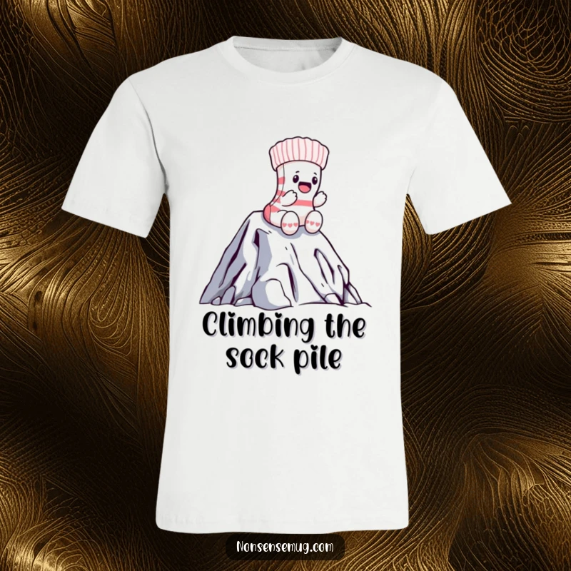 Funny sock t-shirt with a brave sock heroically climbing a towering pile of laundry, a humorous take on chores.
