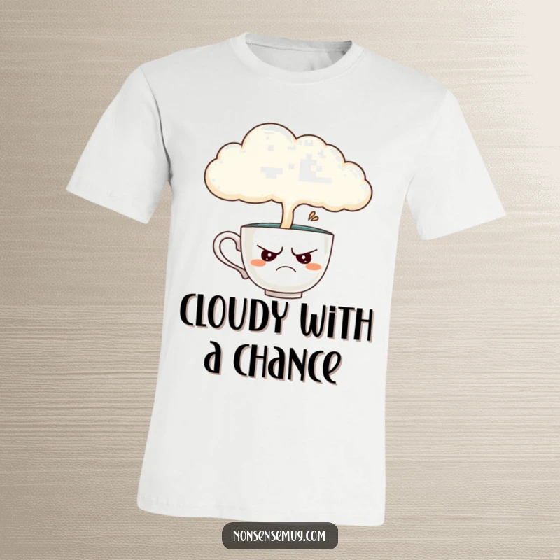 Funny t-shirt depicting a disgruntled teacup being poured on by a cloud, expressing a mood of charming melancholy and mild annoyance.