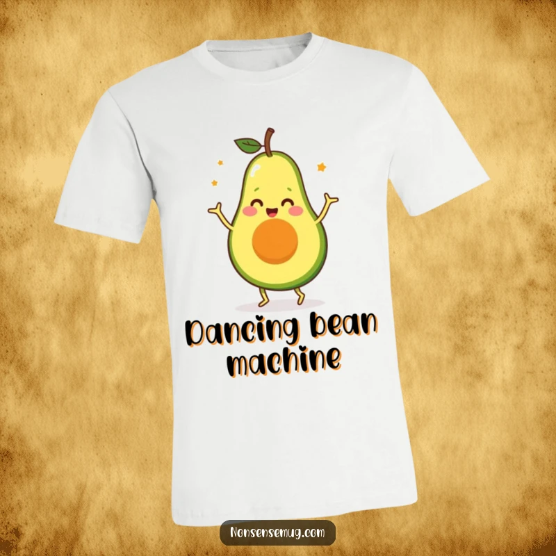 Funny Avocado T-Shirt: A cheerful avocado character performing a lively, silly dance, radiating happiness and humor.