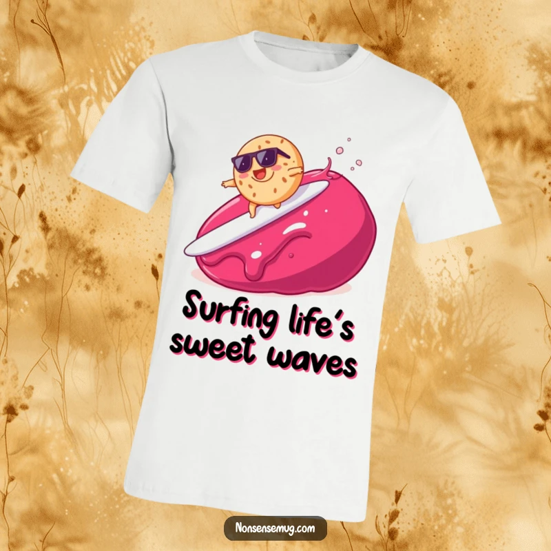 Funny t-shirt graphic of a sunglasses-wearing bagel surfing a giant jam blob, a cool design for foodies.