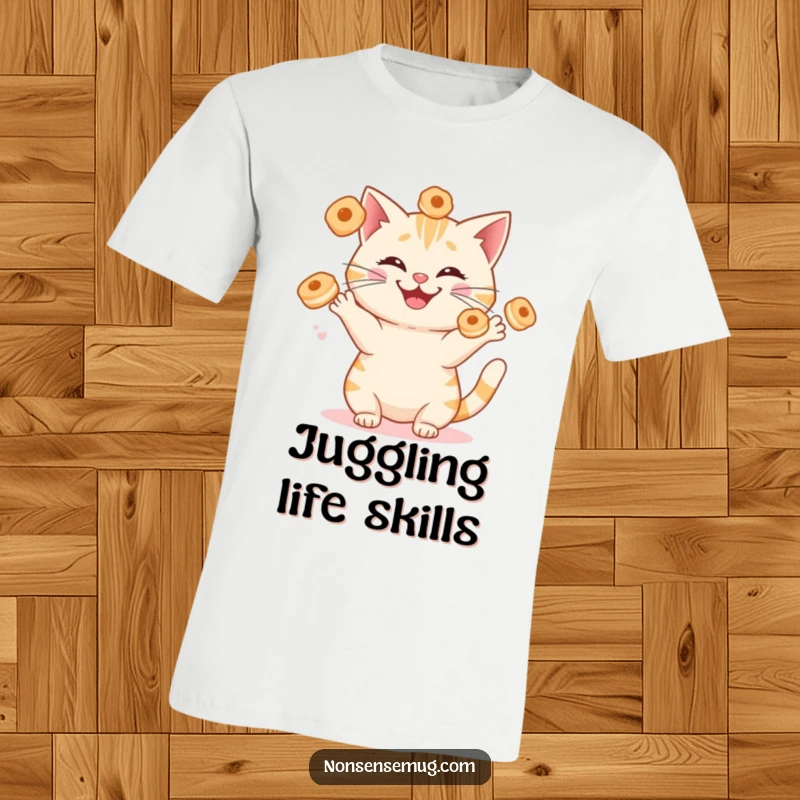 Funny cat juggling sentient breakfast pastries with a silly grin, printed on a comfortable T-shirt. A humorous and stylish pet design.