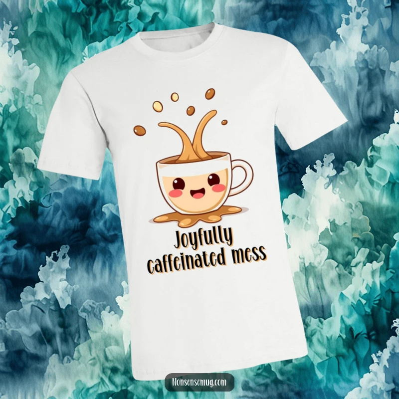 Funny t-shirt showcasing a surprised coffee cup joyfully spilling, embodying a cheerful and energetic morning vibe.