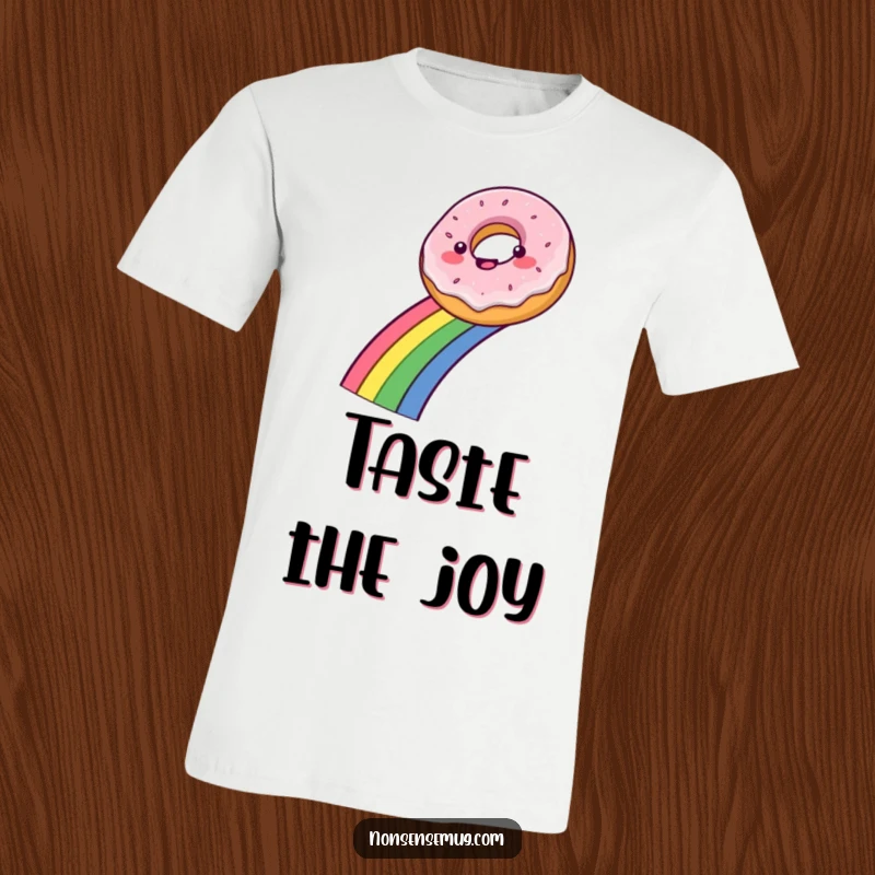 Funny t-shirt depicting a happy donut sliding down a colorful rainbow, radiating pure delight and sugary fun.