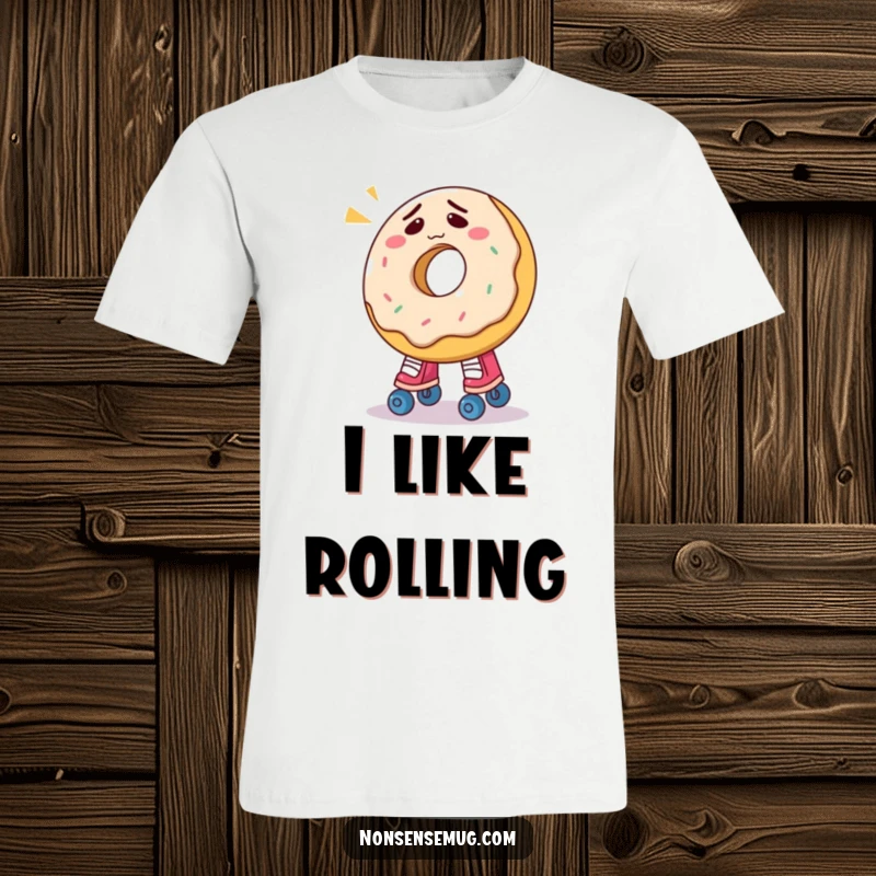Funny donut t-shirt with a confused donut comically attempting to wear roller skates, a humorous depiction of food trying new things.