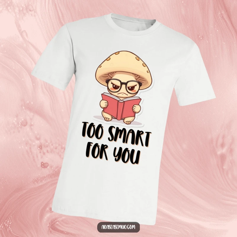 Funny t-shirt of a grumpy mushroom wearing spectacles, engrossed in reading a miniature book, radiating intellectual wisdom.