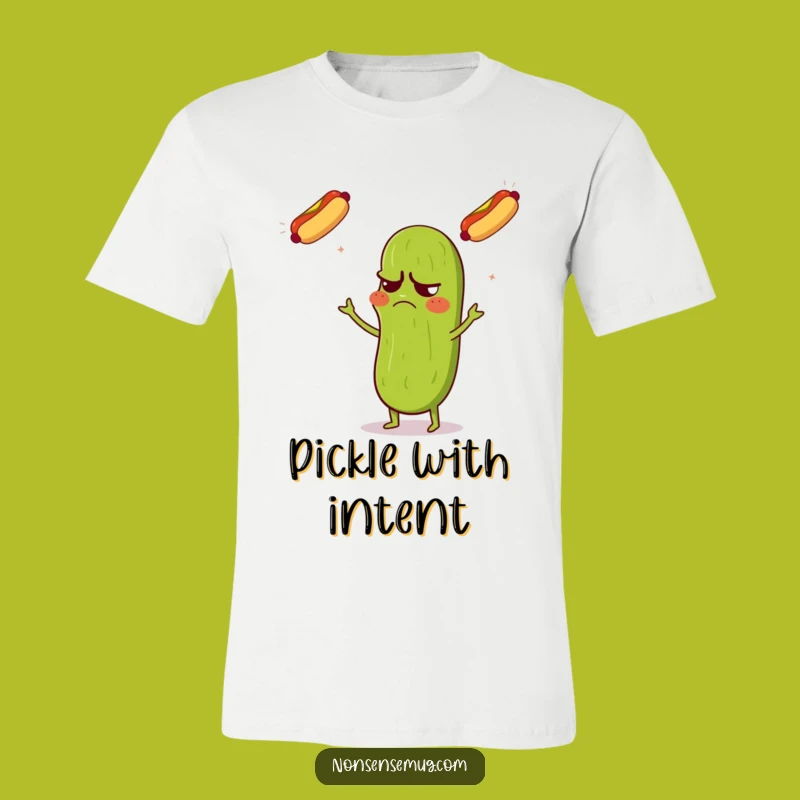 Funny Grumpy Pickle T-Shirt: Juggling Hot Dogs - Absurd Apparel - Great Funny Gift