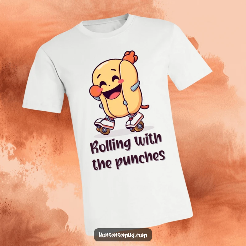 Funny t-shirt: A wide-eyed hot dog teetering on roller skates, about to lose its balance. Hilarious depiction of extreme sports gone wrong.