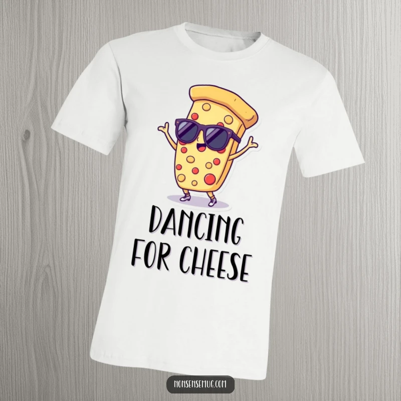 Funny t-shirt with a slice of pizza wearing sunglasses and dancing enthusiastically, embodying a cool and fun-loving spirit.