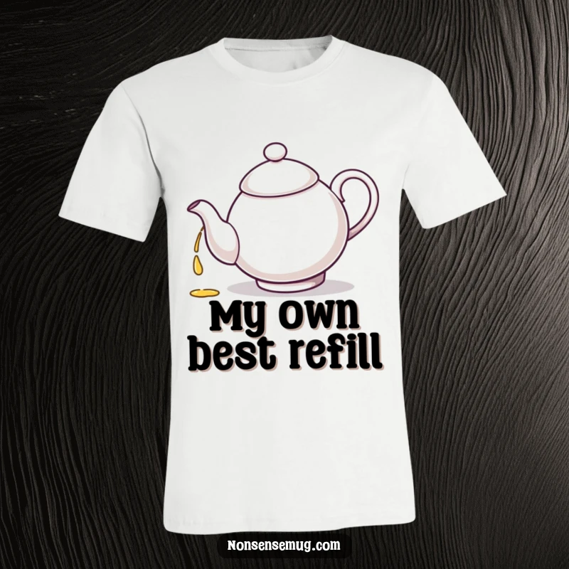 Funny teapot character, in a loop, pouring tea from its spout back into itself on a t-shirt.