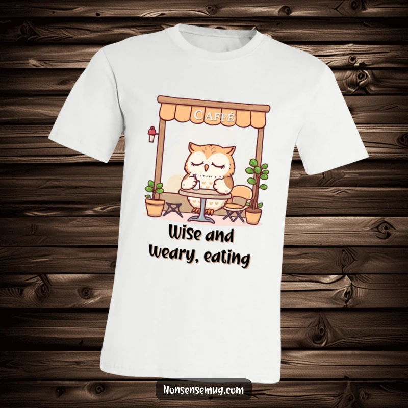 Funny T-Shirt with a sleepy owl enjoying a meal at a tiny cafe, radiating peacefulness and humor.