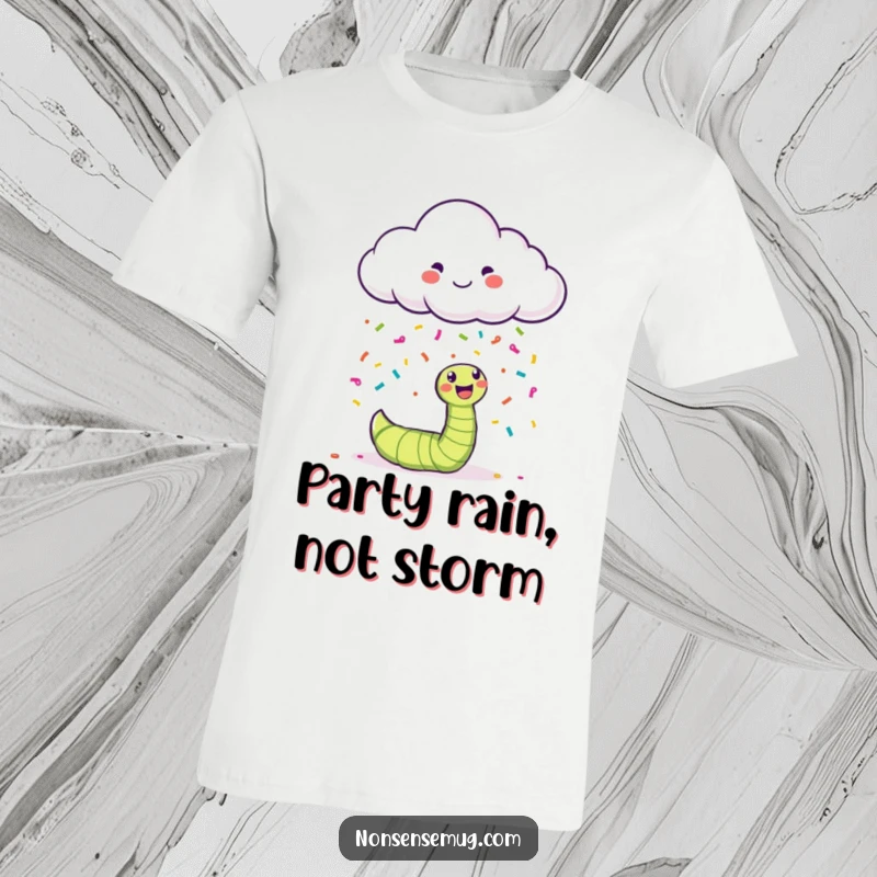 Funny happy cloud raining colorful confetti on a bewildered worm, printed on a fun t-shirt.