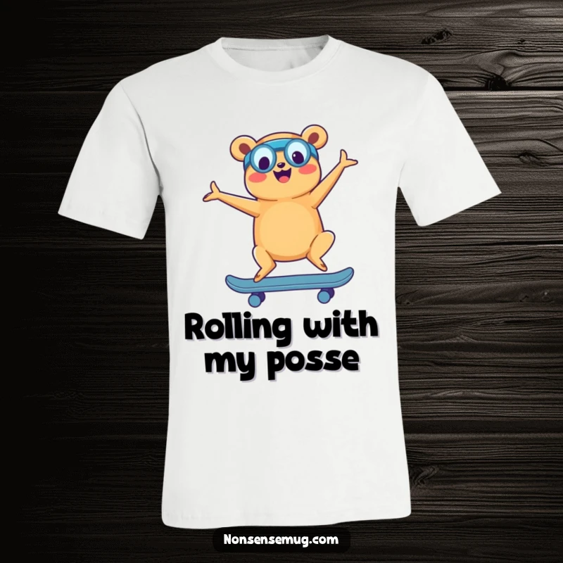 Funny t-shirt showcasing a happy hot dog performing yoga on a skateboard, embodying a rad and humorous vibe.