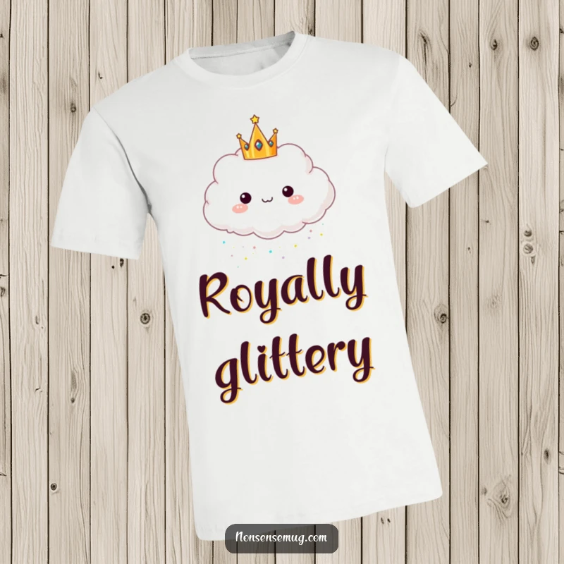 Funny t-shirt featuring a fluffy cloud with a crown, showering glitter, embodying a magical and cheerful whimsical vibe.