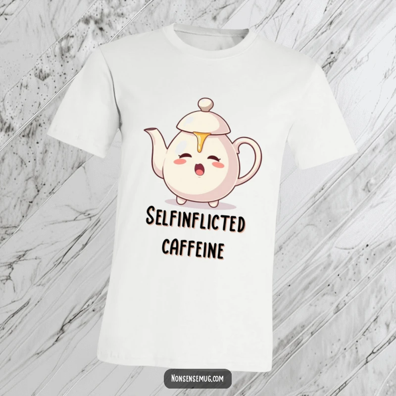 Funny t-shirt: A teapot defiantly pours steaming hot tea onto its own lid, a comical display of self-inflicted chaos.
