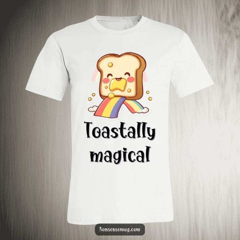 Funny buttered toast, on a joyful rainbow slide, appearing ecstatic, perfect for a unique funny gift.