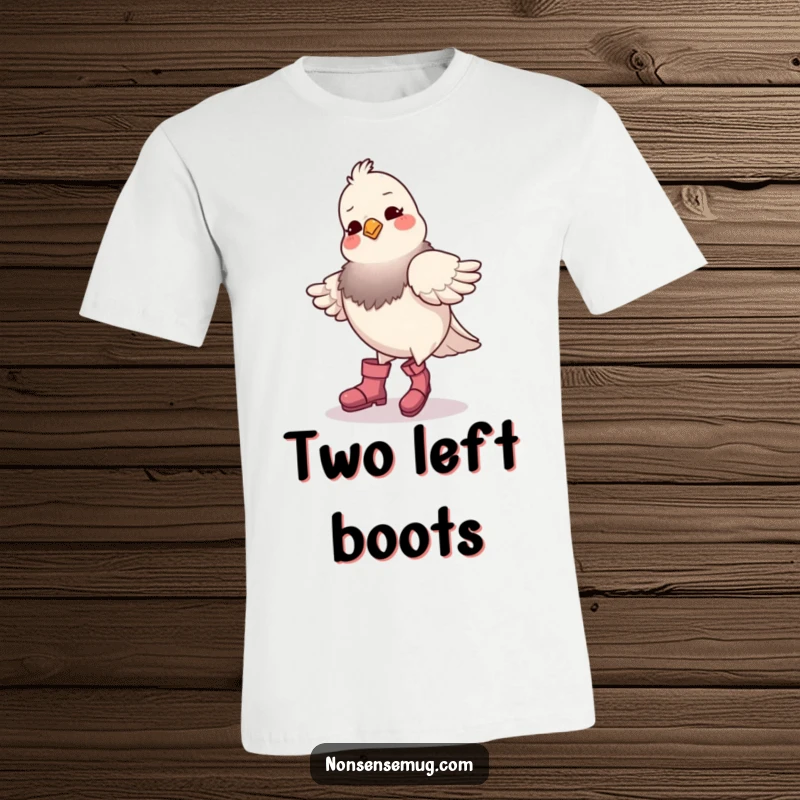 Funny pigeon wearing boots, hilariously attempting to dance, printed on a t-shirt, capturing a moment of comical bewilderment.