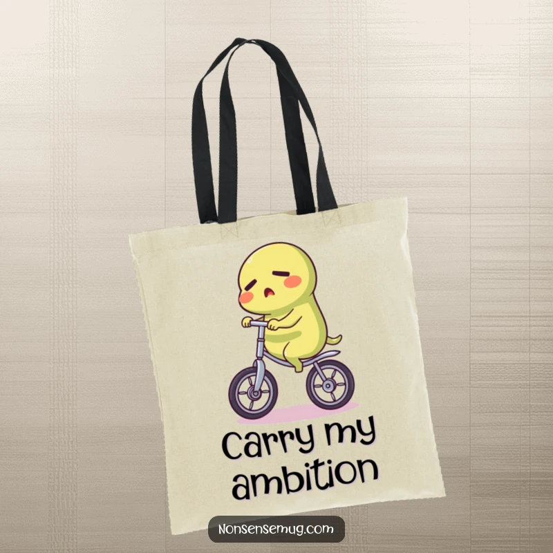 Funny Pickle Tote Bag: A sturdy tote bag showcasing a determined pickle character masterfully riding a unicycle, perfect for errands.
