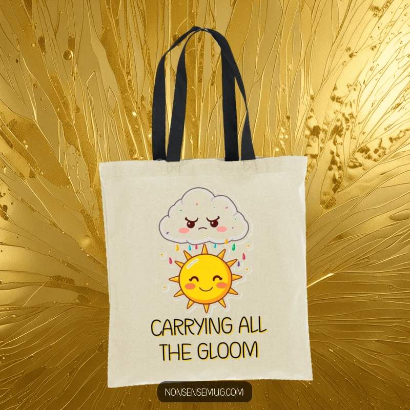 Funny tote bag: A grumpy cartoon cloud raining colorful sprinkles onto a happy sun. A unique and humorous accessory for daily use.