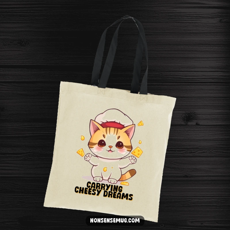 Funny tote bag showing a cat chef juggling melting cheese, a humorous and practical accessory for carrying groceries and essentials.