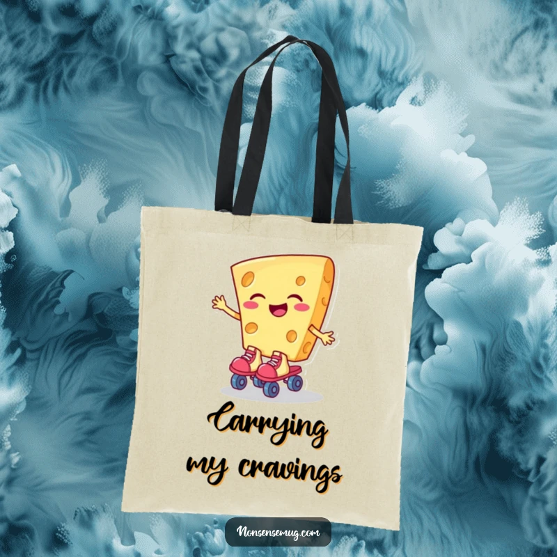 Funny tote bag depicting a giggling slice of cheese on roller skates, a charming and humorous everyday accessory.