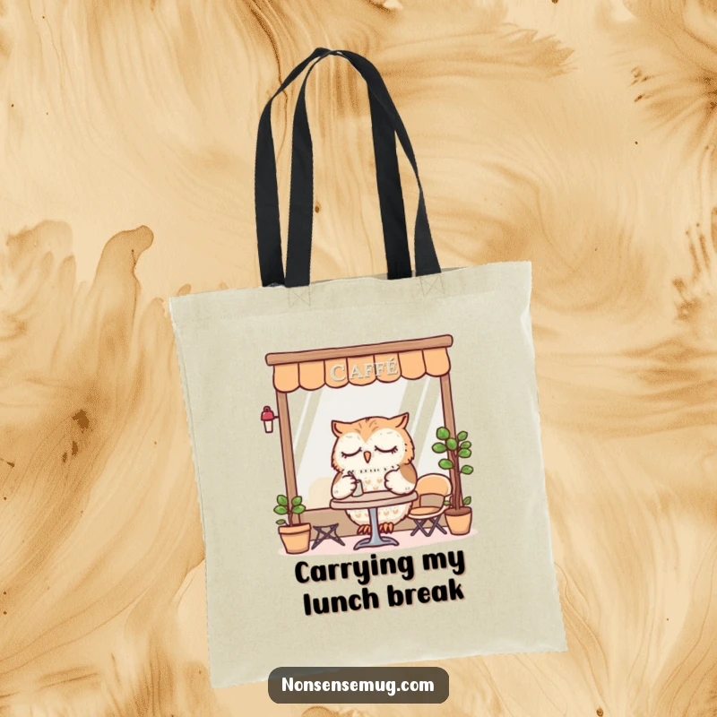 Funny Tote Bag showcasing a sleepy owl dining at a tiny cafe, ideal for carrying items with a dose of cozy humor.