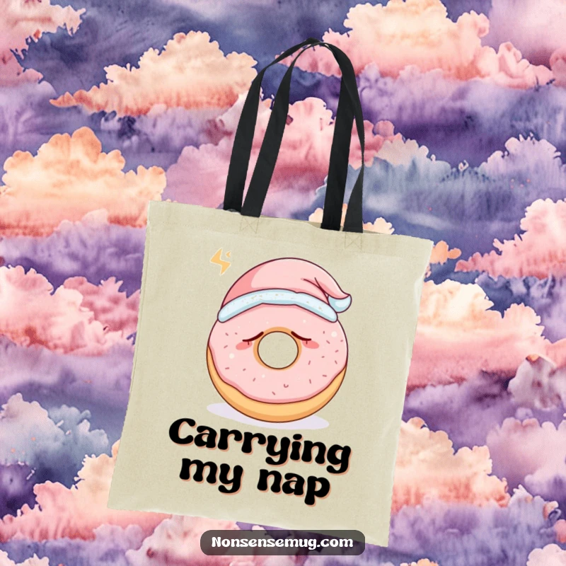 Funny sleepy donut wearing a tiny nightcap and snoring loudly, on a durable tote bag, a cute funny gift.