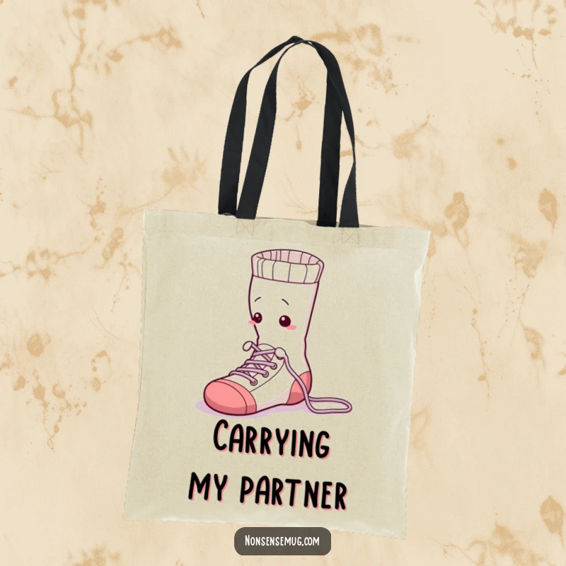 Funny sock, with shoelaces, struggling to tie itself, on a tote bag, a humorous symbol of everyday challenges.