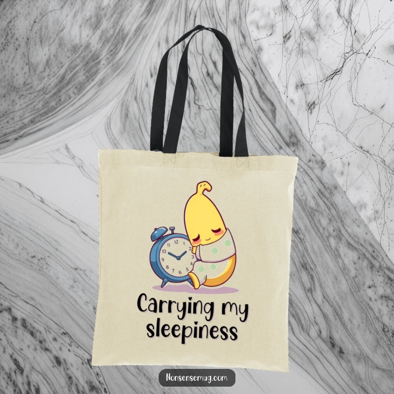 Funny sleepy banana character in pajamas, hugging an alarm clock, on a practical tote bag.