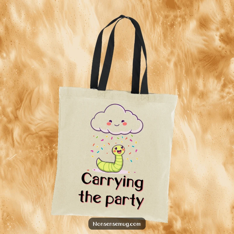 Funny happy cloud showering confetti on a bewildered worm, printed on a stylish tote bag.