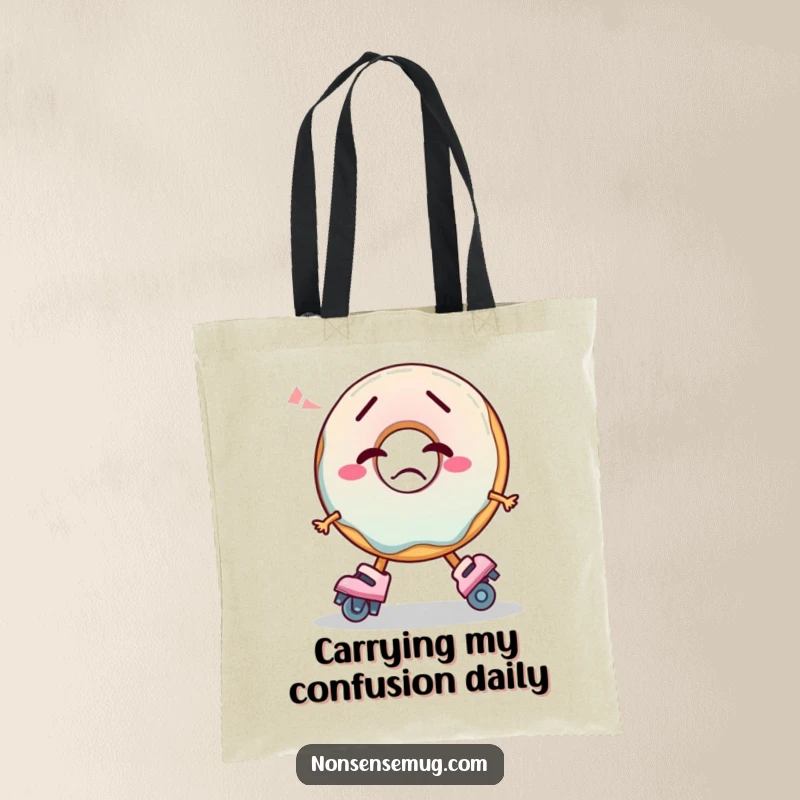 Funny Tote Bag showcasing a confused donut hilariously trying to skate, ideal for carrying items with a dose of humor.