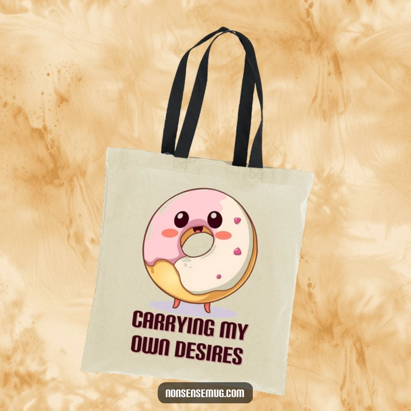 Funny donut tote bag, a playful donut caught in a loop of trying to eat itself, great for errands.