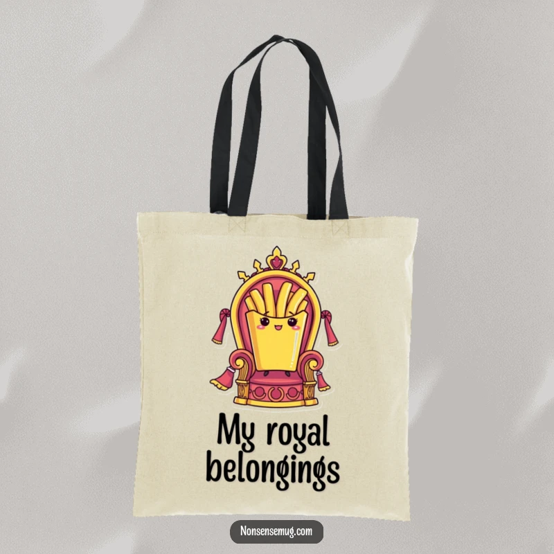 Funny tote bag featuring a French fry standing majestically on a throne, a humorous accessory for carrying treasures with royal flair.