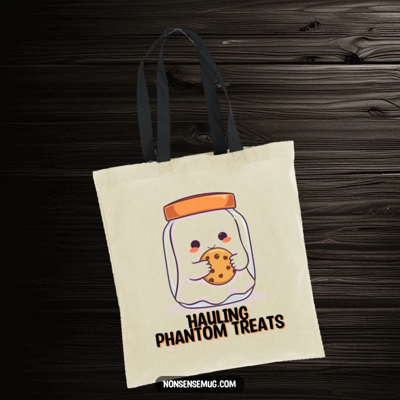 Funny mischievous ghost, trying to grab a cookie from a jar, on a tote bag, a humorous symbol of sweet desires.